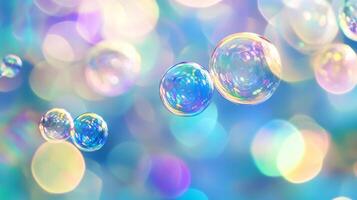 Iridescent bubbles float against a pastel background, refracting light into vibrant colors, creating a dreamy and magical scene. photo