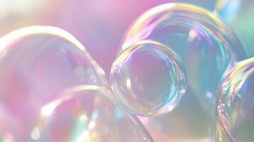 Iridescent bubbles float in pastel light, showcasing a mesmerizing dance of color and transparency with ethereal beauty and enchanting detail. photo