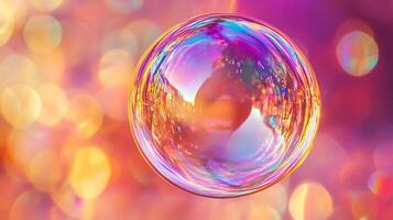 An iridescent bubble floats against a bokeh background. The swirling colors catch the light, creating a captivating, ethereal effect. photo