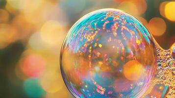 A macro shot of a soap bubble floating with reflected light making it colorful against a blurred colorful background with yellow and orange. photo