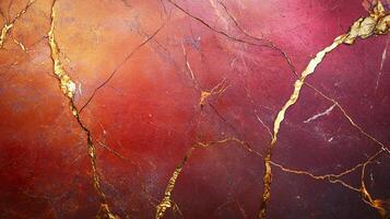 Abstract image with flowing gold veins running through a layered marble background of warm reddish tones and dark fissures. photo