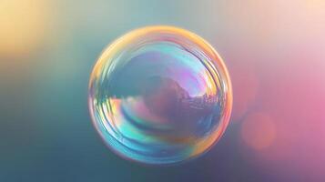 An iridescent bubble floats against a muted background, showcasing a spectrum of colors reflecting light and creating a mesmerizing visual effect. photo