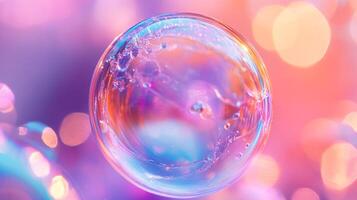 Iridescent sphere captures ethereal light, showcasing captivating reflections and soft pastel colors. A mesmerizing macro view of delicate beauty. photo