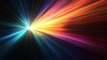 Colorful light rays emanating from a central point, creating a dynamic and vibrant abstract design in a dark space. Radiating energy. photo