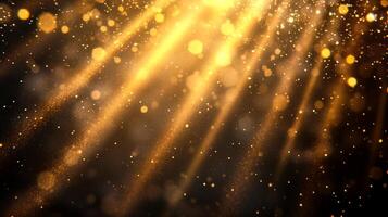 Golden light streams downward, illuminating dust particles with a radiant glow, creating a magical atmosphere in the darkness. photo