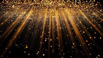 Golden light rays descend through a shower of shimmering particles, illuminating a black backdrop with warmth and elegance. Sparkle background. photo