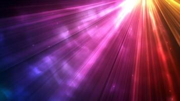 Radiant light beams emanate from a corner, casting a vibrant spectrum of purple, pink, orange, and yellow, creating a magical, ethereal effect. photo