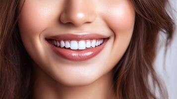 Radiant smile with perfectly aligned, pearly white teeth, highlighting beauty and confidence in a healthy and happy expression. photo