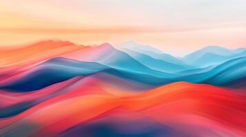 Abstract landscape art with fluid mountain shapes blending blues, oranges, and reds. A serene horizon creates a calming scene. photo