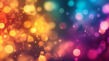 Vibrant bokeh lights dance across a spectrum of colors, creating a festive and ethereal atmosphere with bright and blurred light elements. photo
