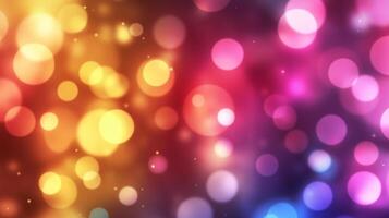 An out-of-focus image with circles of light in orange, red, pink, purple, and blue. It creates a soft and warm background effect. photo