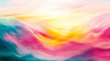 An abstract colorful flowing display of hues blended with light. It suggests movement in a dreamlike scene. Colorful pastel waves blend photo