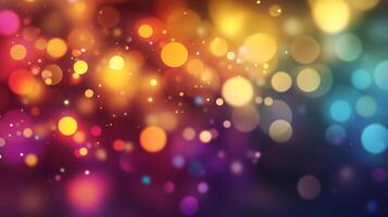 Abstract background of vibrant lights in colorful hues creates a festive and magical atmosphere with bokeh circles and soft gradients. photo