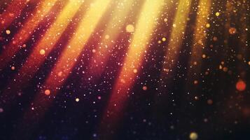 Abstract image featuring diffused light rays in golden and reddish hues, scattered with shimmering particles against a dark gradient backdrop. photo