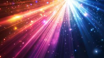 Radiant abstract light streams down, a dynamic blend of orange, pink, and blue converging in a burst of colorful energy and sparkling particles. photo