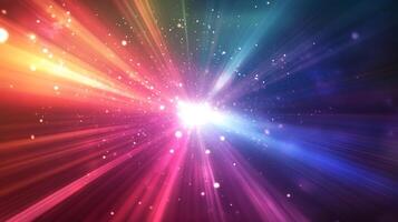 A vibrant burst of light explodes outwards in a multicolored spectrum, radiating energy and illuminating the space with sparkling particles. photo