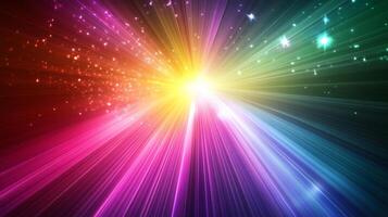 Vibrant burst of light with rainbow colors radiating outwards, creating a dynamic and energetic abstract effect. Starlight patterns around. photo
