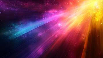 Vibrant cosmic streams of light illuminate the canvas, blending hues from deep purples and blues to radiant yellows in a celestial display. photo