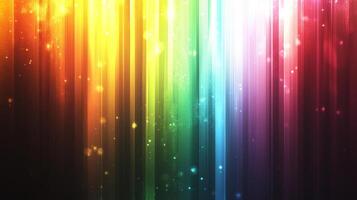Luminous rainbow backdrop with a vibrant color spectrum in vertical stripes, enhanced by glistening light particles and a dark fade. photo