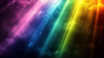 An image of colorful light rays pierce through the cosmic expanse, scattering among clouds and stars, creating a vibrant, celestial display. photo