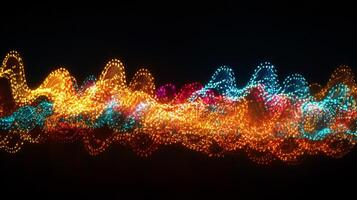 Dynamic waves of vibrant, glowing particles create an abstract, flowing artwork against a dark background. Energy radiates from the composition. photo
