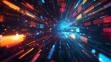 Abstract data stream of digital information with blue and orange lights moving through a dark background in a tunnel-like formation. photo