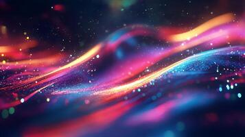 Abstract glowing waves of light energy dance across a dark backdrop, filled with tiny floating particles. The colors are vivid and otherworldly. photo