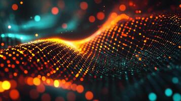 Abstract digital landscape with flowing orange and teal dots connected by a fine mesh, evoking technology, connectivity, and visual data. photo