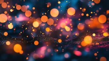 Abstract dreamy scene with blurred golden and pink lights floating over a dark blue textured background. Magical and enchanting visual. photo