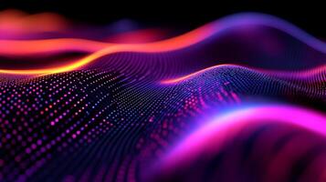 Abstract wave pattern of neon dots flowing with vibrant lights. Great for technology, science, and modern design backgrounds. photo