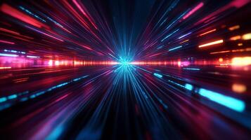 Abstract shot with vibrant red and blue light streaks converging on a central point, creating a futuristic and dynamic perspective. photo