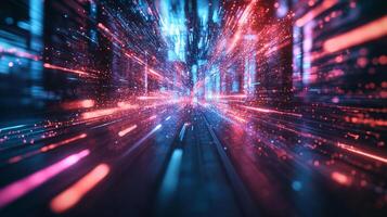 Abstract data streams illuminate a digital tunnel, representing high-speed connectivity and the flow of information in a virtual landscape. photo