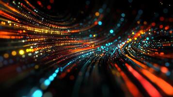 Abstract light streams create a dynamic, vibrant visual. Orange, yellow and blue lights streak across a dark background, creating a sense of depth. photo