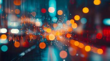 Abstract city lights create a vibrant bokeh pattern, blending teal, red, and gold for a dreamy, dynamic urban atmosphere. photo