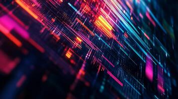 Abstract data flow with colorful lines converging in perspective. Represents innovation, digital transformation and forward-moving technology. photo