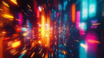 Blurred lights create a dynamic, abstract cityscape. Bright hues and streaks of illumination convey speed and vibrancy in a urban setting. photo