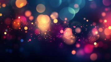 An abstract image displaying beautiful bokeh lights. The image features hues of blue, orange, yellow, and pink with small spots. photo