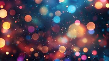 Abstract background with a soft, dreamy effect created by colorful bokeh lights scattered across a dark, textured backdrop. Festive and magical. photo