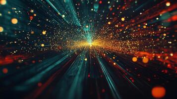 A mesmerizing abstract image, blending light trails and bokeh, evoking high-speed technology and interconnected systems. Vivid colors explode. photo