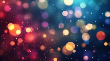 An enchanting array of shimmering, out-of-focus lights dances against a backdrop of deep blues and vibrant reds, creating a dreamlike texture. photo