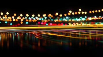 Nighttime light streaks and bokeh create a dazzling display of motion and urban energy, illuminating the dark with vibrant colors and reflections. photo