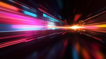Abstract speed lines radiate in a dynamic visual display, with vibrant pink, blue, and orange hues illuminating the dark space. photo