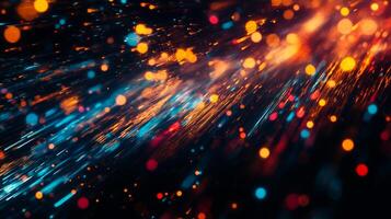 Abstract shot of multicolored particles in motion creating a dynamic and vibrant flow across a dark space, with blurred bokeh lights. photo