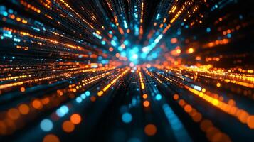 Abstract data stream visualization with orange and blue light trails converging into a focal point, conveying futuristic technology. photo