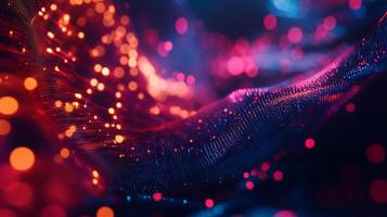 Abstract digital fabric illuminated with red and blue light points, forming an ethereal and futuristic design with a textured wave effect. photo
