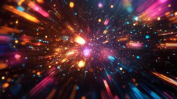 Abstract vibrant cosmic explosion with dynamic light trails creates energetic, otherworldly feel. Dazzling colors create a sense of wonder. photo