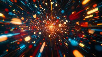 Abstract light streaks converge towards a central point creating a sense of speed, energy, and futuristic motion, illuminating the dark space. photo