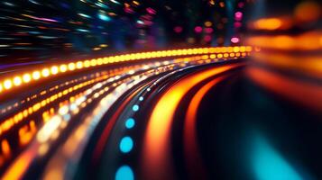 Abstract rendering of digital data moving fast across a fiber optic network. Shows speed of light information technology. Futuristic. photo