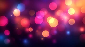 Abstract bokeh effect with colorful blurred lights of red, pink, purple, orange, and blue creates a festive and vibrant background effect. photo