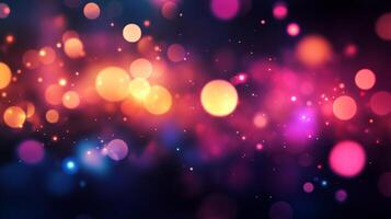 Abstract bokeh background featuring out of focus lights with a colorful display of magenta, purple, blue, and orange circular lights. photo